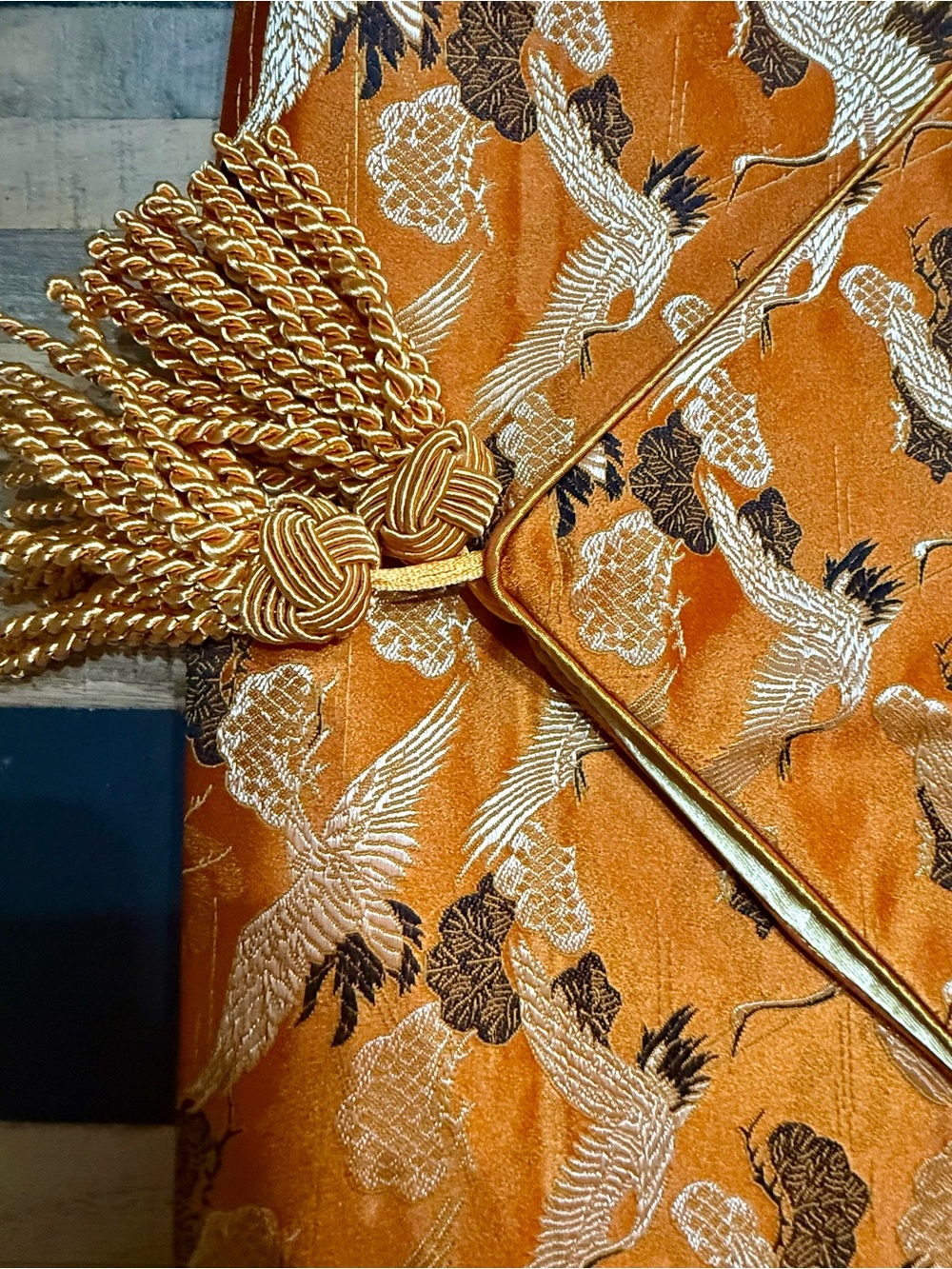 Vintage Japanese Silk Obi Table Runner Wall Hanging Crane Brocade Orange Gold